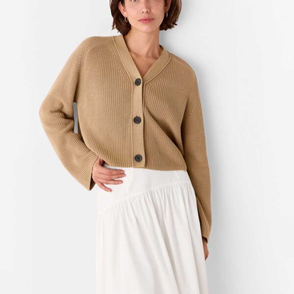 Whistles Women's Pure Cotton Textured V-Neck Cardigan - MPET - Camel, Camel