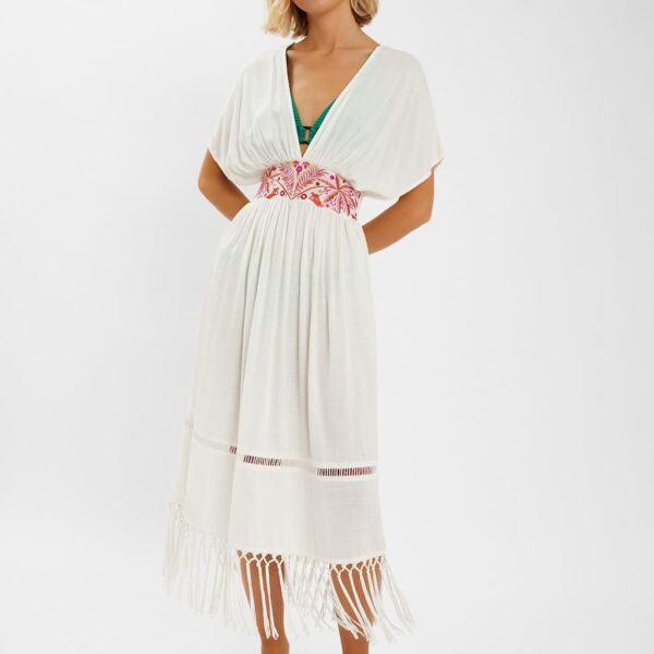 Accessorize Women's Embroidered V-Neck Fringe Midi Kaftan - Ivory, Ivory