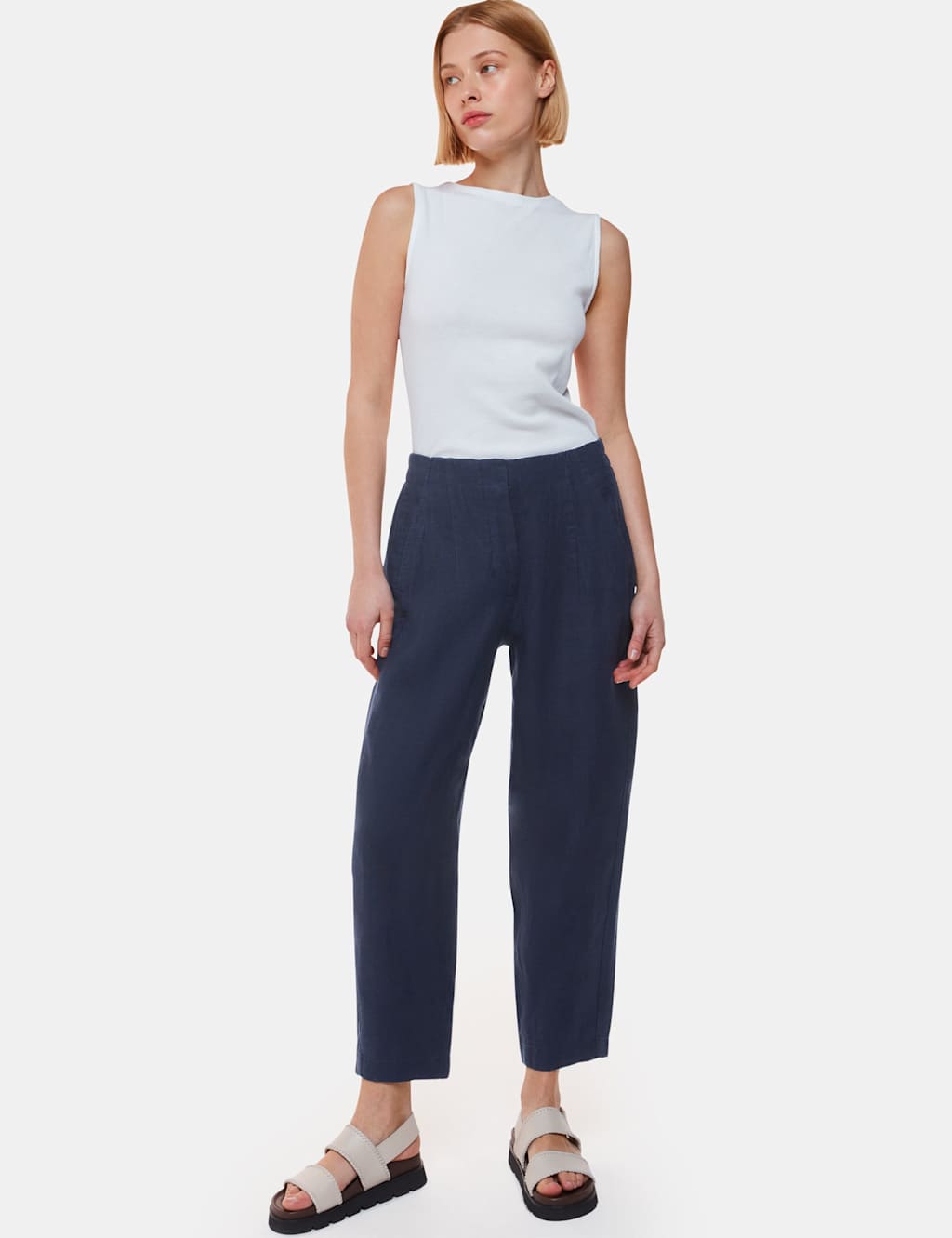 Whistles Women's Pure Linen Tapered Ankle Grazer Trousers - 10 - Navy, Navy,Dusky Rose