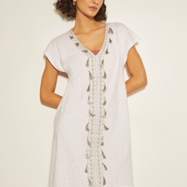 Monsoon Women's Pure Cotton V-Neck Knee Length Kaftan Dress - White, Pink,White