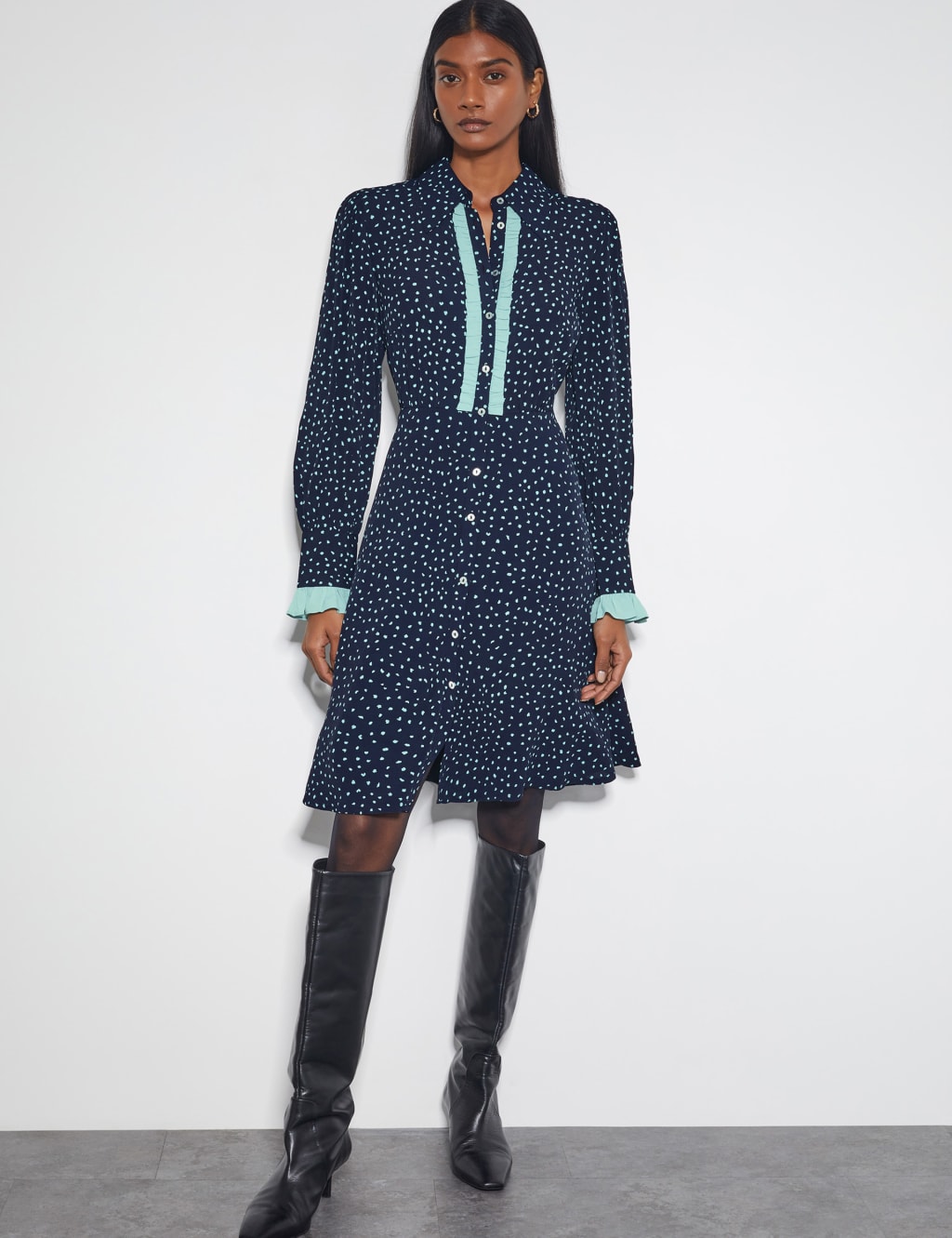 Monsoon Women's Printed Collared Knee Length Skater Dress - 16 - Navy Mix, Navy Mix
