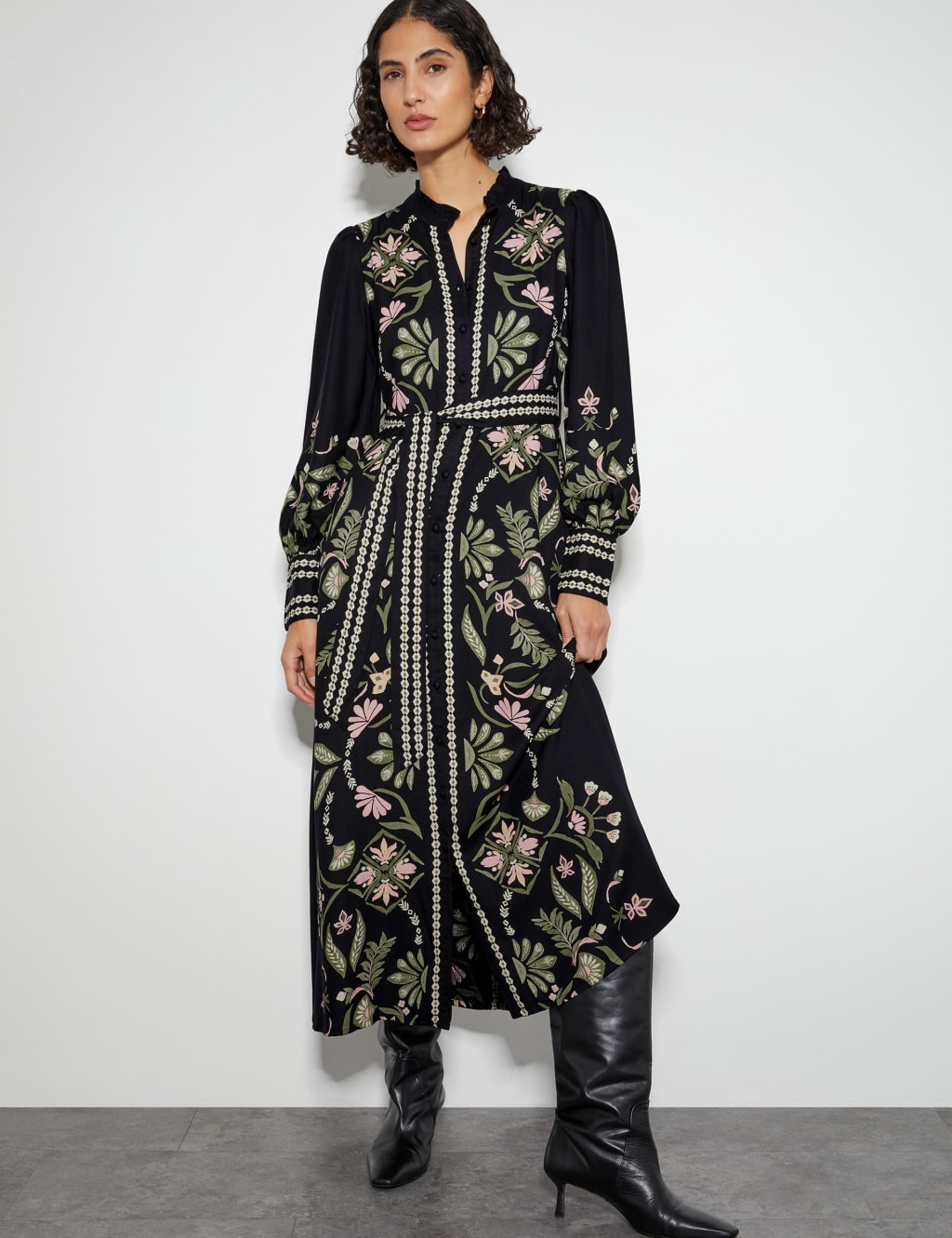 Monsoon Women's Printed Button Through Midi Tea Dress - 8 - Black Mix, Black Mix