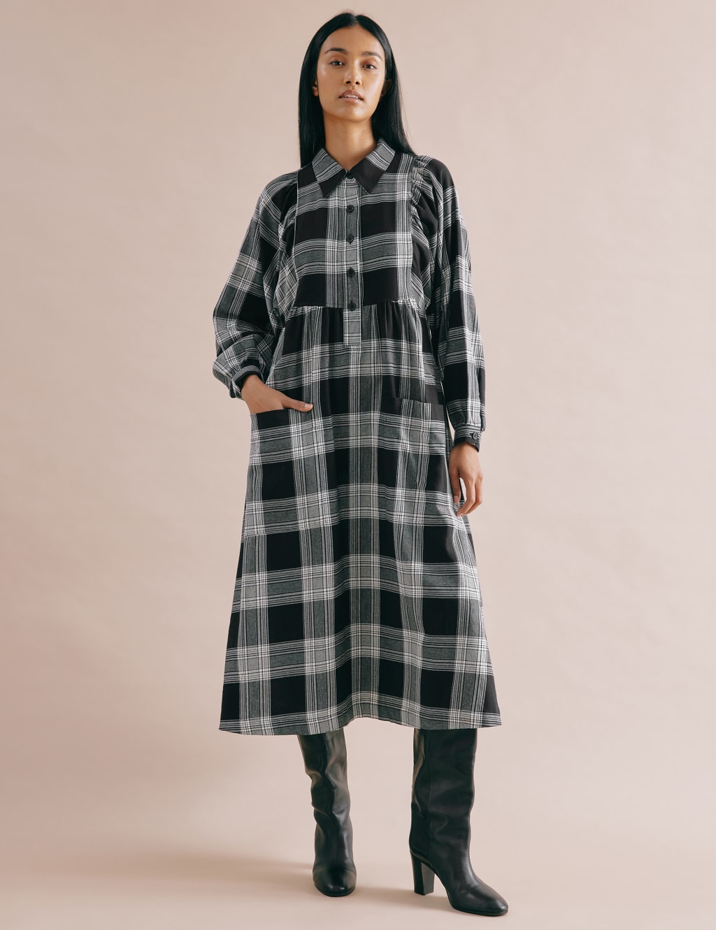Albaray Women's Pure Cotton Checked Midi Shirt Dress - 10 - Black, Black