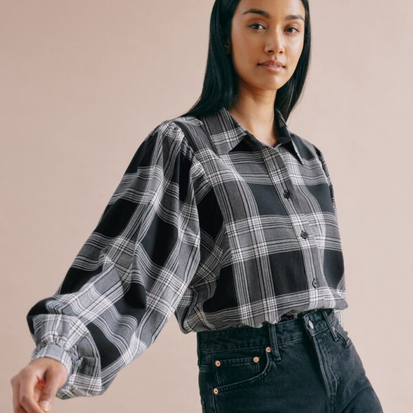 Albaray Women's Pure Cotton Checked Collared Relaxed Shirt - 12 - Black, Black