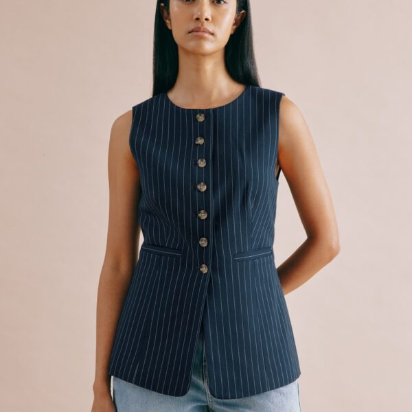 Albaray Women's Pinstripe Collarless Waistcoat - 12 - Navy, Navy