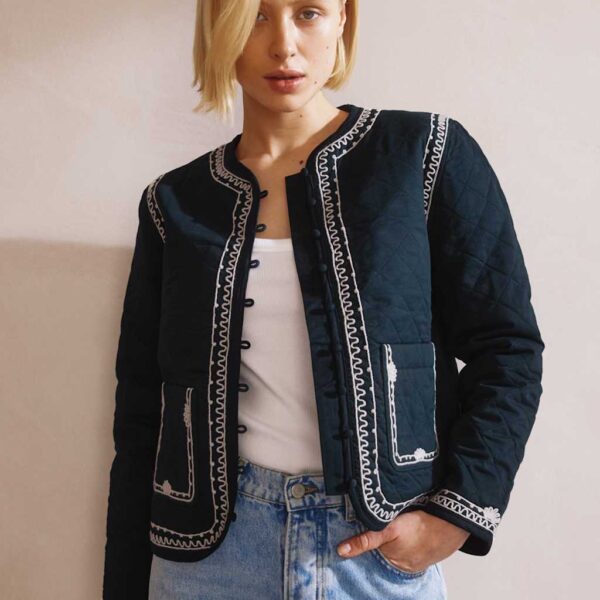 Albaray Women's Pure Cotton Embroidered Cropped Jacket - 12 - Navy, Navy