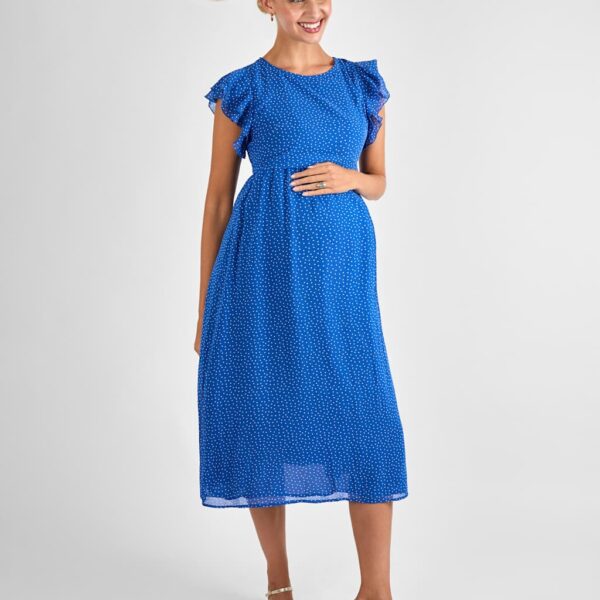 Jojo Maman Bébé Women's Maternity Polka Dot Midi Waisted Dress - 16 - Blue Mix, Blue Mix