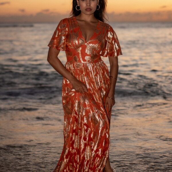 Orange Metallic Jacquard Flutter Sleeves Maxi Dress