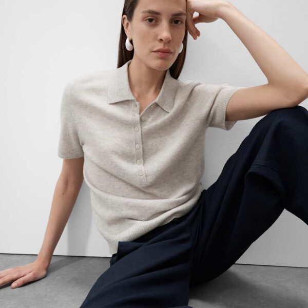 Autograph Women's Merino Wool Rich Polo Neck Knitted Top with Cashmere - Mid Grey, Mid Grey,Cappuccino