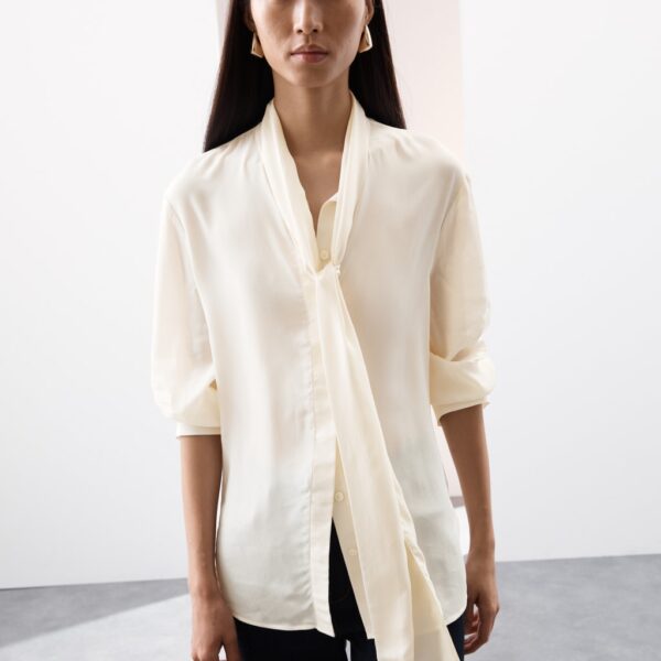 Autograph Women's Silk Blend Tie Neck Button Through Blouse - 14 - Ivory, Ivory,Tomato