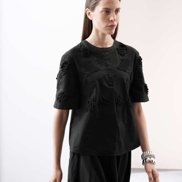 Autograph Women's Pure Cotton Embroidered Round Neck Short Sleeve Blouse - 12 - Black, Black