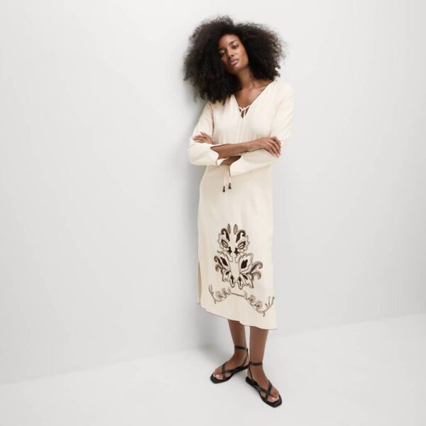 M&S Collection Women's Linen Rich Embroidered Midi Shift Dress - 10REG - Ecru, Ecru