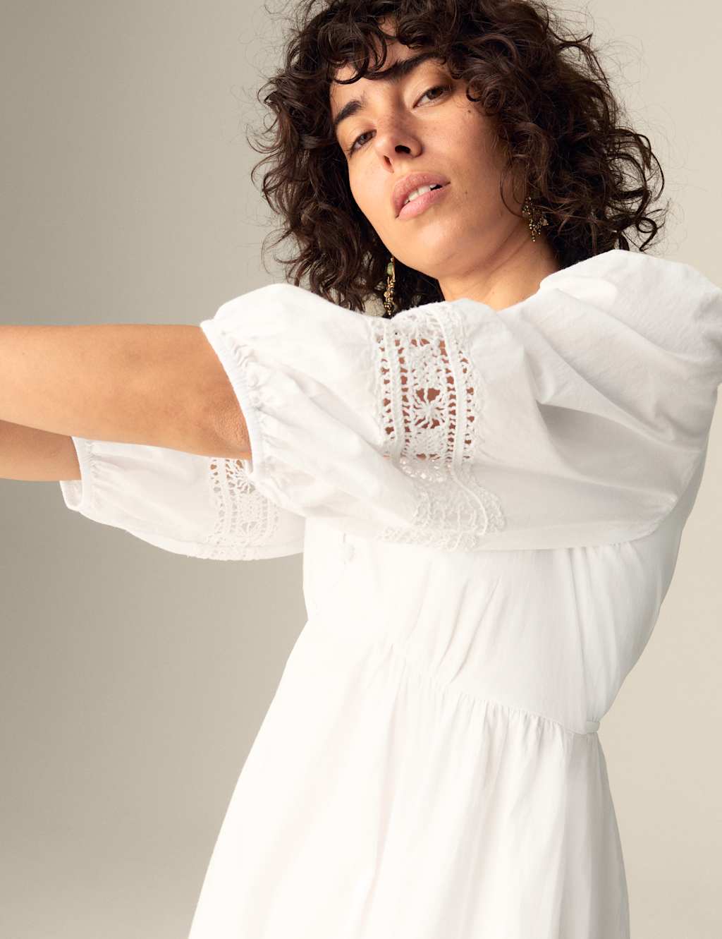 Per Una Women's Pure Cotton V-Neck Crochet Detail Midaxi Waisted Dress - 14REG - Soft White, Soft White
