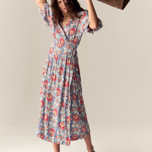 Per Una Women's Floral V-Neck Gathered Midi Wrap Dress - 10PET - Blue Mix, Blue Mix