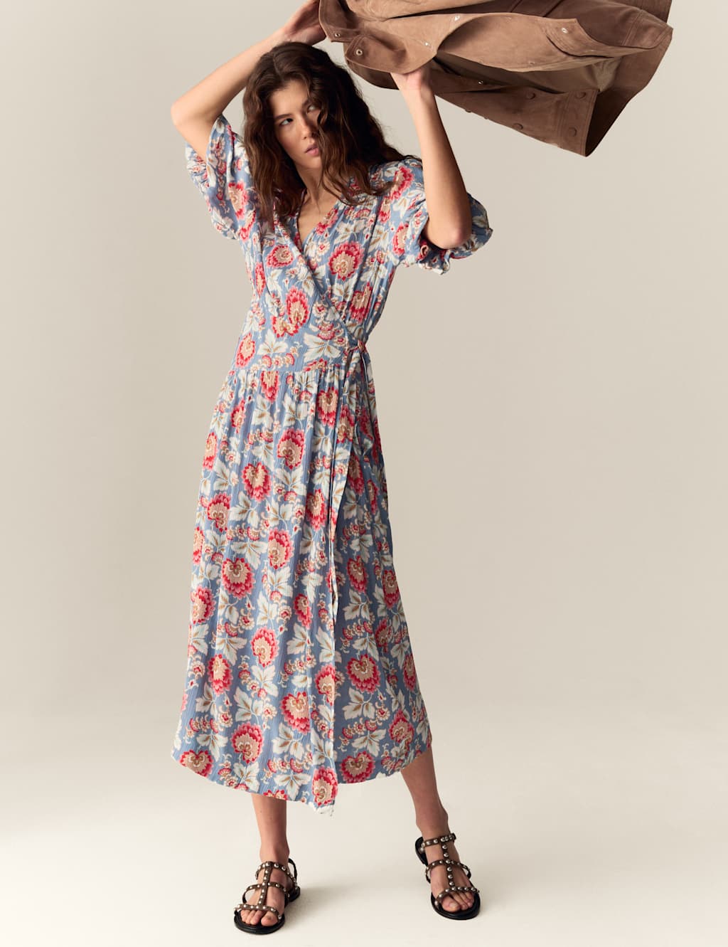 Per Una Women's Floral V-Neck Gathered Midi Wrap Dress - 10PET - Blue Mix, Blue Mix