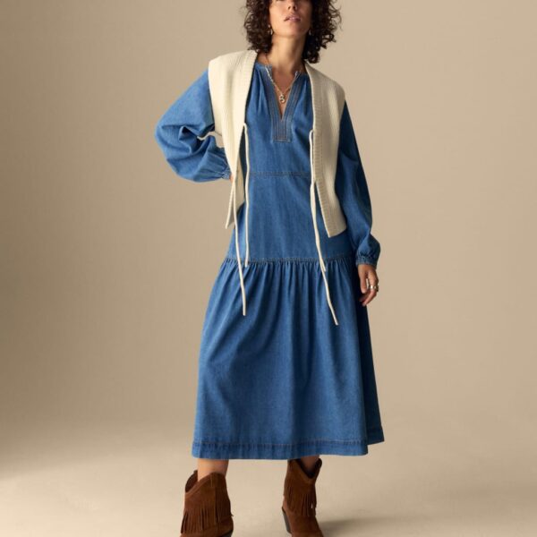 Per Una Women's Denim V-Neck Midi Tiered Waisted Dress - 12REG - Medium Indigo, Medium Indigo