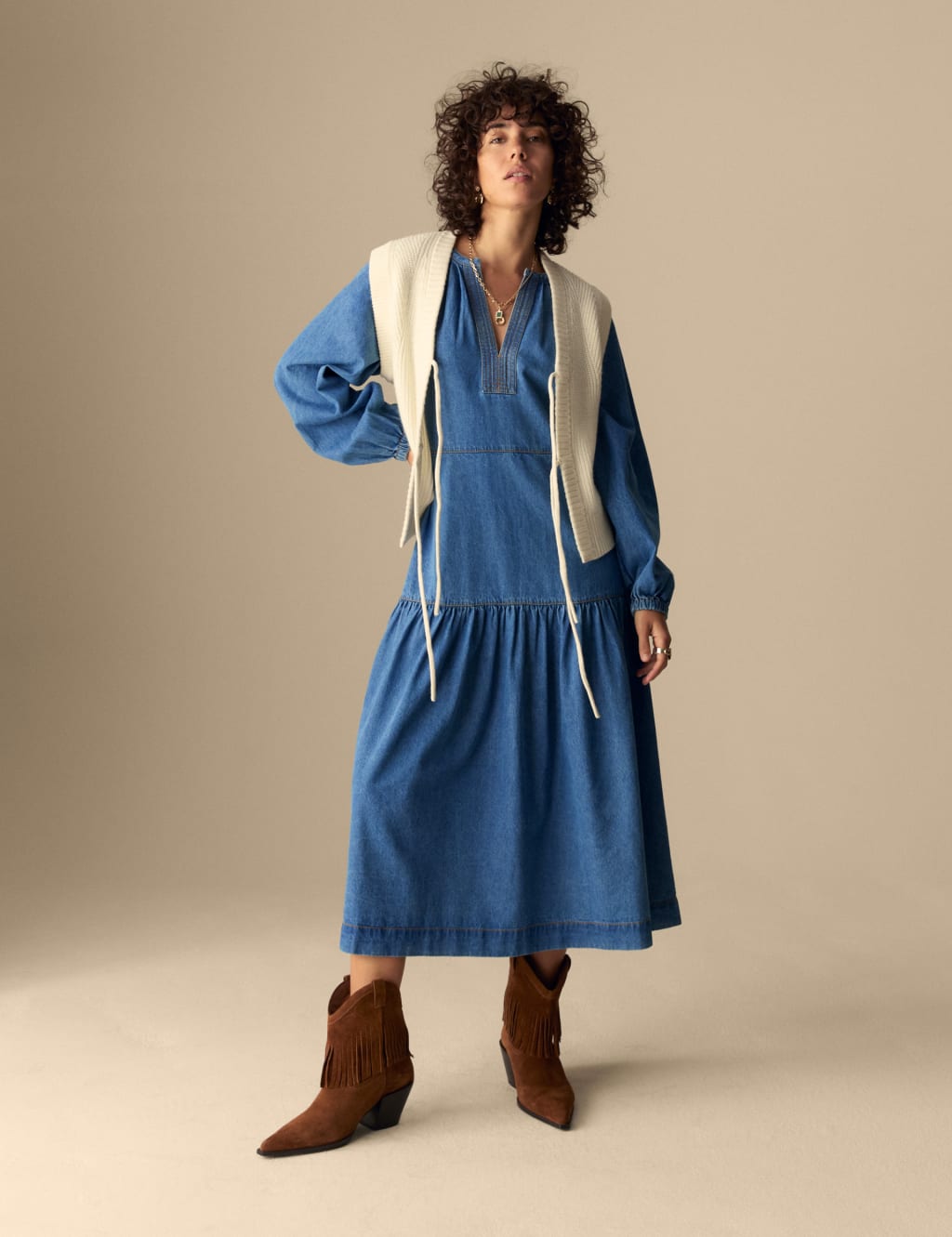 Per Una Women's Denim V-Neck Midi Tiered Waisted Dress - 12REG - Medium Indigo, Medium Indigo