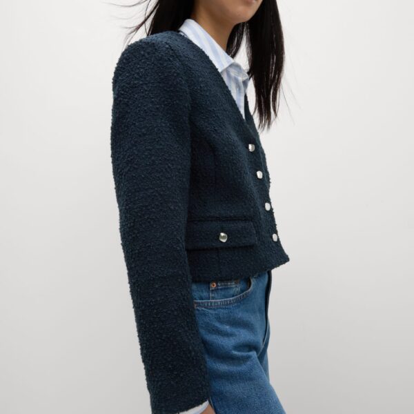 M&S Collection Women's V Neck Fringe Tweed Jacket - 14 - Dark Navy, Dark Navy,Ivory