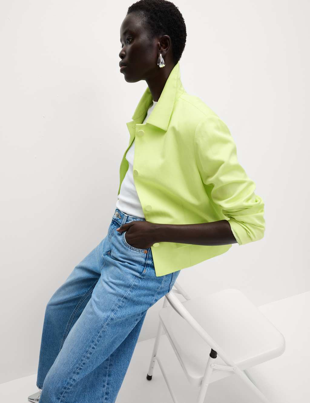 M&S Collection Women's Linen Blend Sheen Single Breasted Cropped Jacket - 14 - Soft Lime, Soft Lime