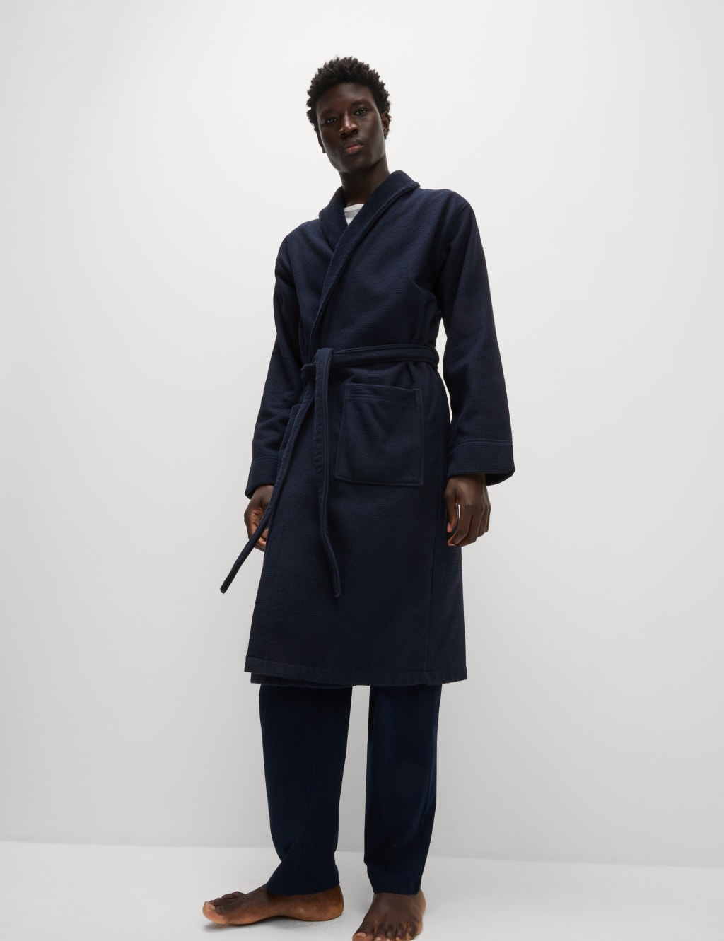 M&S Collection Men's Pure Cotton Waffle Dressing Gown - Dark Navy, Dark Navy