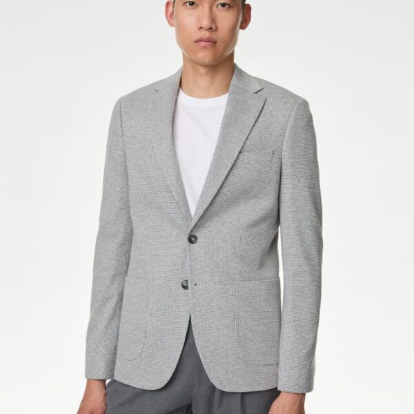 M&S Collection Men's Tailored Fit Cotton Rich Puppytooth Blazer - 38SHT - Light Grey, Green Mix,Light Grey,Navy