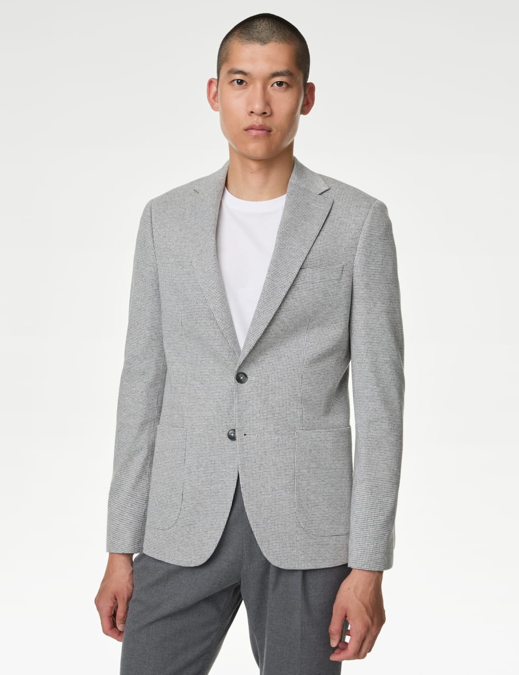 M&S Collection Men's Tailored Fit Cotton Rich Puppytooth Blazer - 38SHT - Light Grey, Green Mix,Light Grey,Navy