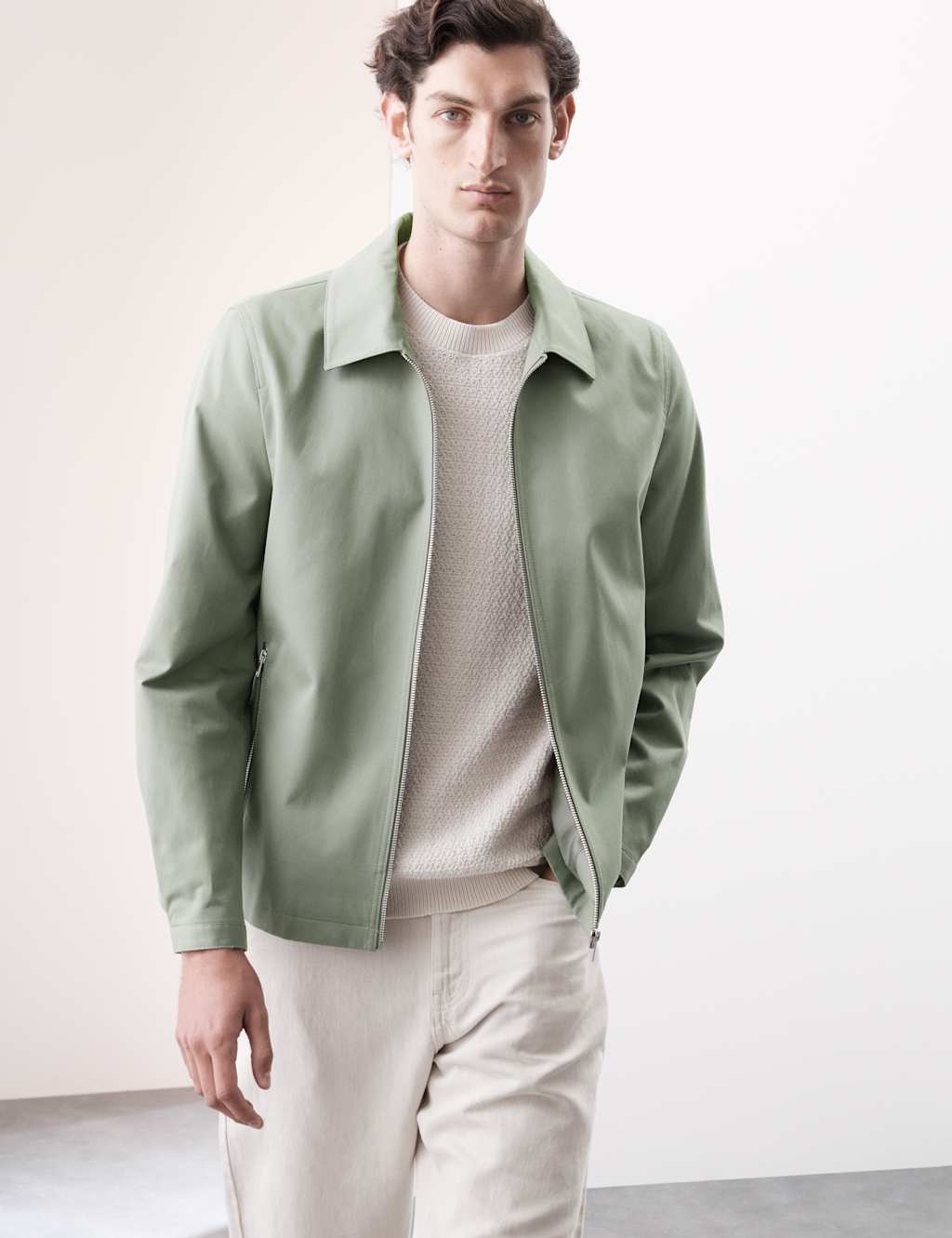 Autograph Men's Pure Cotton Harrington Jacket - S - Smokey Green, Dark Navy,Smokey Green