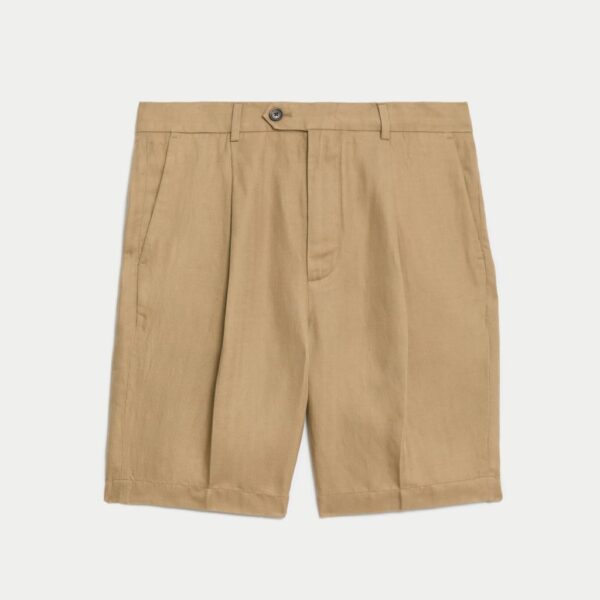 Jaeger Men's Linen Blend Single Pleat Shorts - 38 - Sand, Sand,Dark Ink