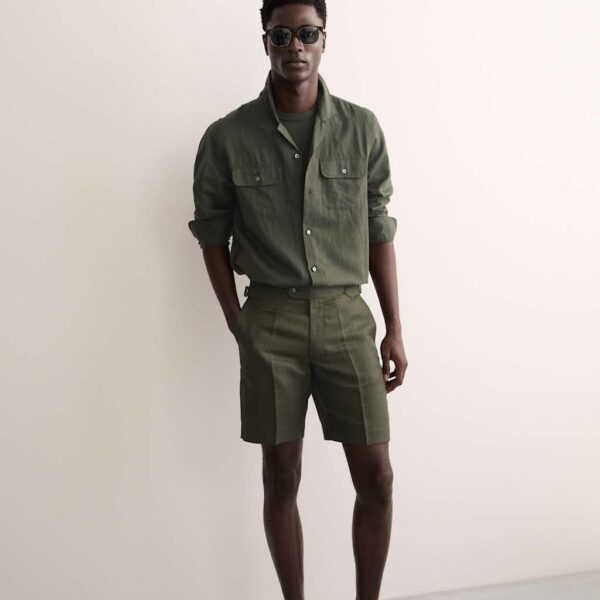 Jaeger Men's Linen Blend Herringbone Shorts - 36 - Evergreen, Evergreen,Ecru