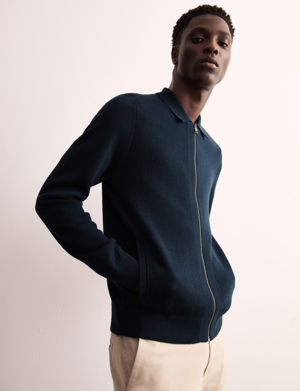 Jaeger Men's Pure Extra-Fine Merino Wool Knitted Jacket - SREG - Navy, Navy