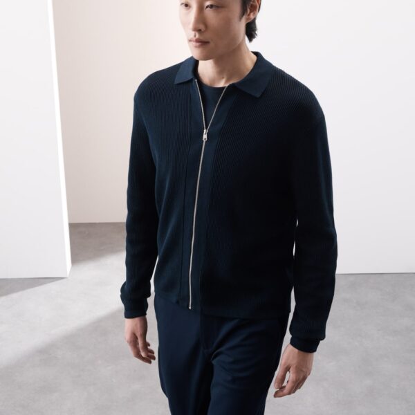 Autograph Men's Mercerised Cotton Ribbed Knitted Jacket - XLREG - Dark Navy, Dark Navy