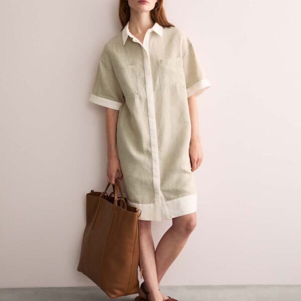 Jaeger Pure Linen Knee Length Shirt Dress - 16 - Oatmeal, Oatmeal