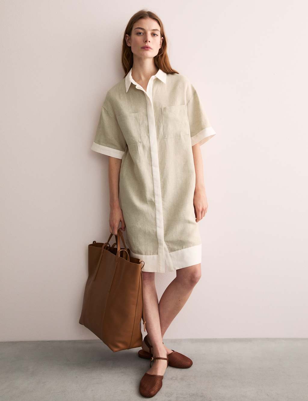 Jaeger Pure Linen Knee Length Shirt Dress - 16 - Oatmeal, Oatmeal