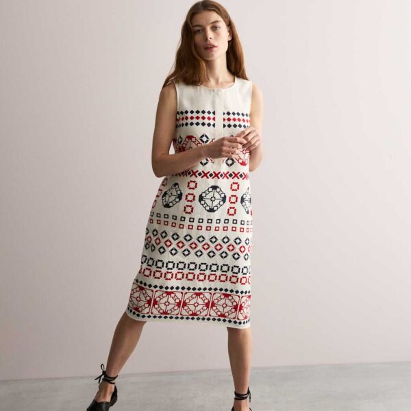 Jaeger Pure Linen Geometric Knee Length Shift Dress - 10 - Red Mix, Red Mix