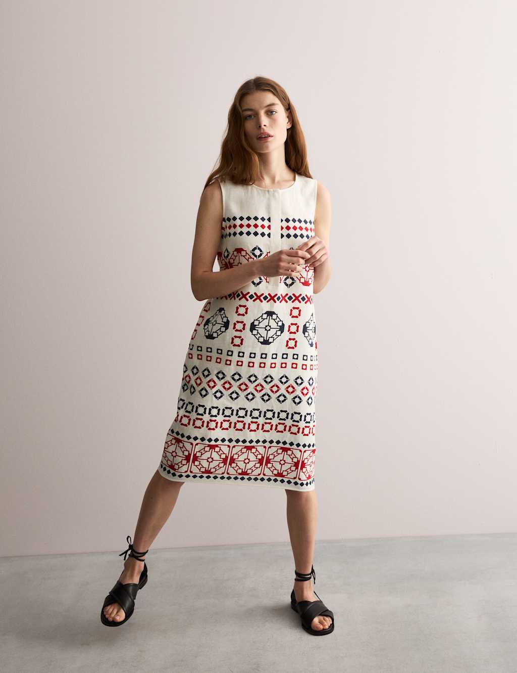 Jaeger Pure Linen Geometric Knee Length Shift Dress - 10 - Red Mix, Red Mix