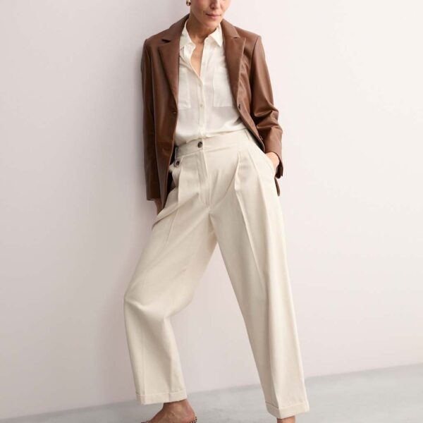 Jaeger Women's Cotton Rich Wide Leg Trousers with Linen - 10 - Ivory, Navy,Ivory