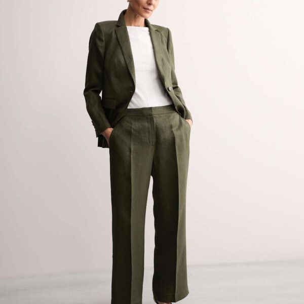 Jaeger Pure Linen Straight Leg Trousers - 12 - Olive, Olive