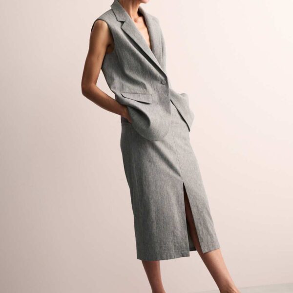 Jaeger Cotton Rich Midi Tailored Skirt with Linen - 16 - Grey, Grey