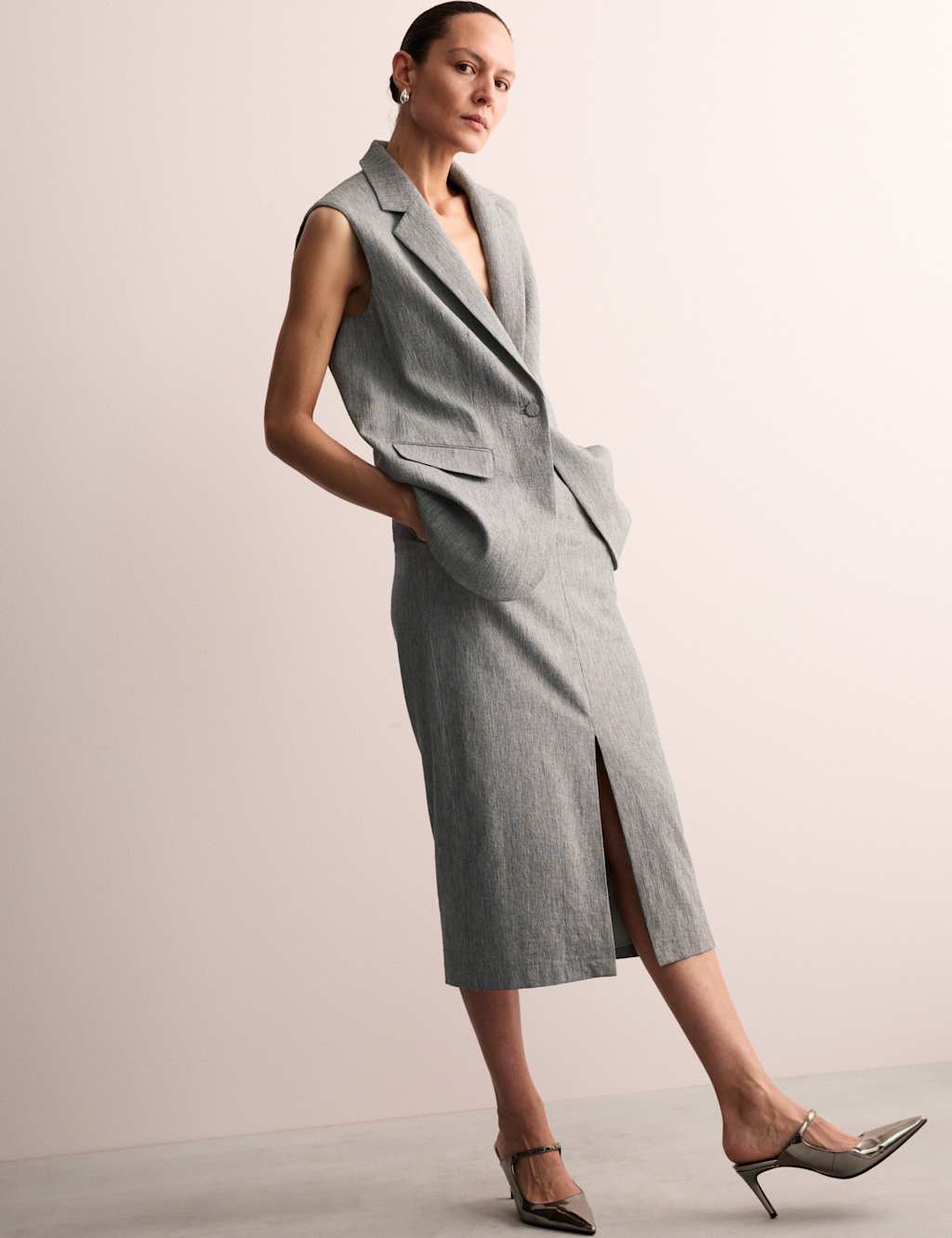 Jaeger Cotton Rich Midi Tailored Skirt with Linen - 16 - Grey, Grey