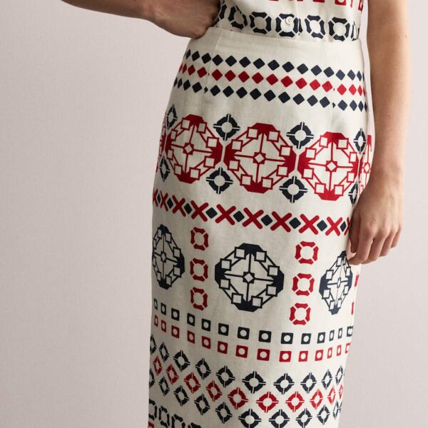 Jaeger Pure Linen Geometric Midi Column Skirt - 14 - Red Mix, Red Mix