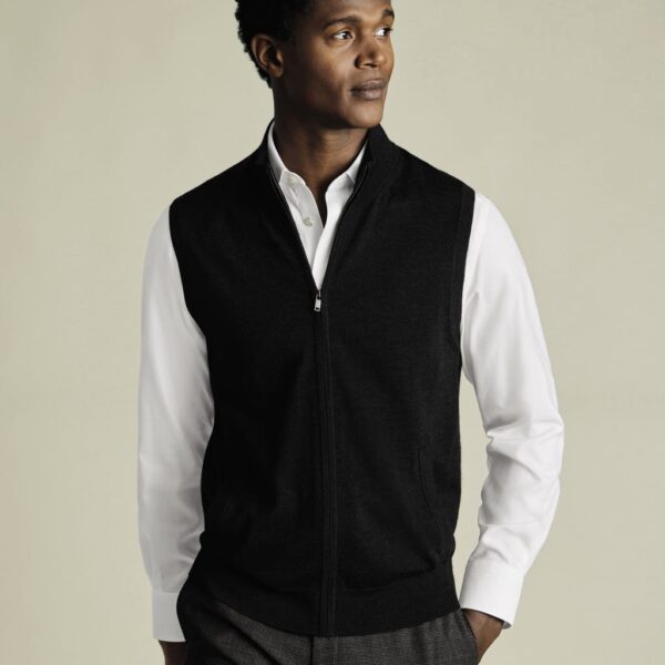 Charles Tyrwhitt Men's Pure Extra Fine Merino Wool Zip Up Gilet - Dark Grey, Black,Dark Grey