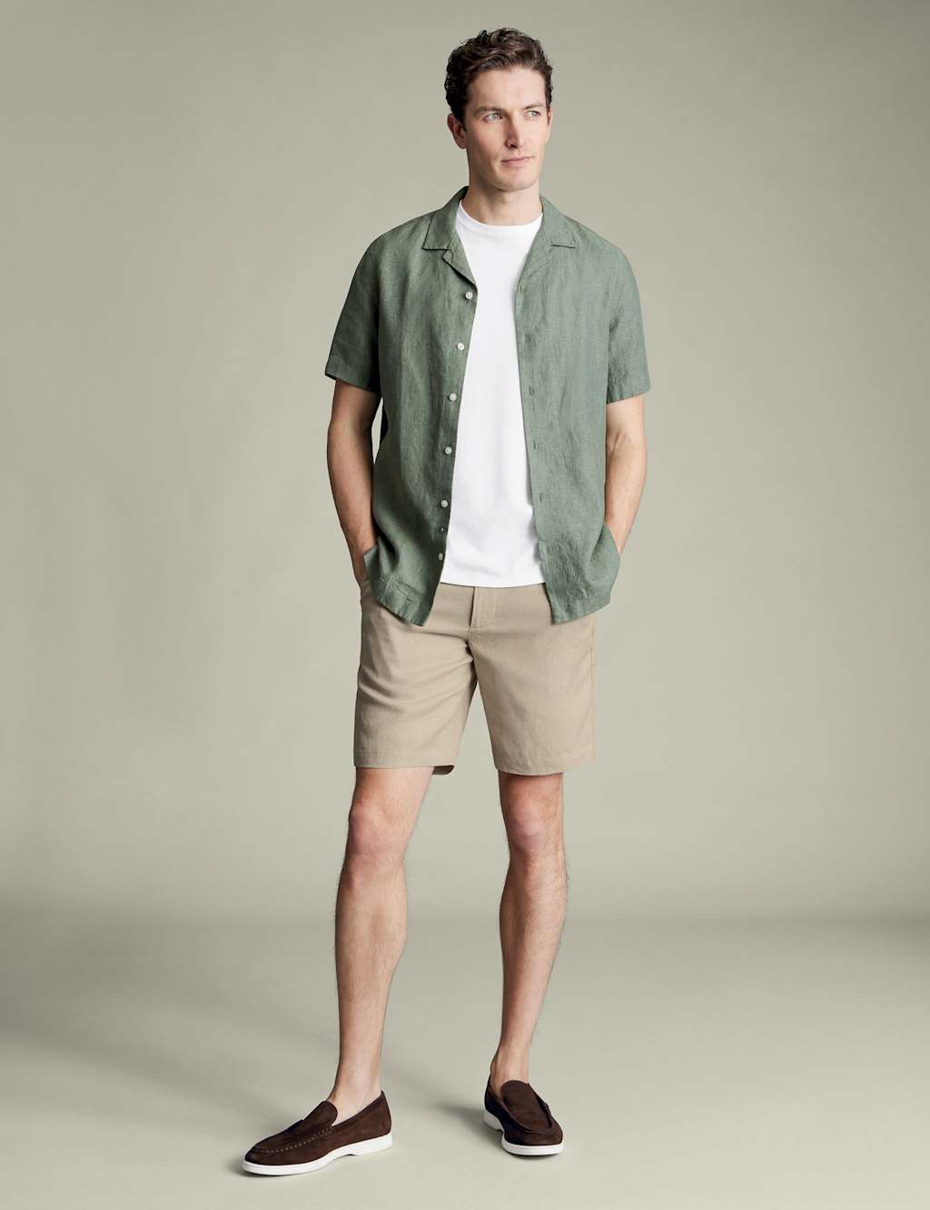 Charles Tyrwhitt Men's Pure Linen Flat Front Shorts - 34 - Taupe, Navy,Taupe