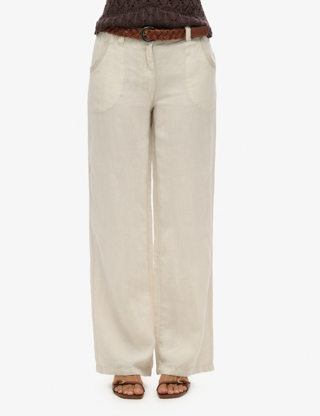 Superdry Women's Pure Linen Wide Leg Trousers - 12 - Beige, Beige,Navy,Khaki,Black