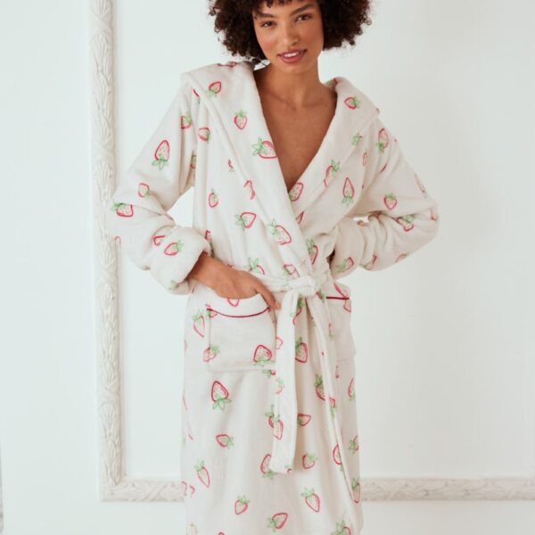 Chelsea Peers Women's Fleece Strawberry Print Dressing Gown - 10 - Cream Mix, Cream Mix