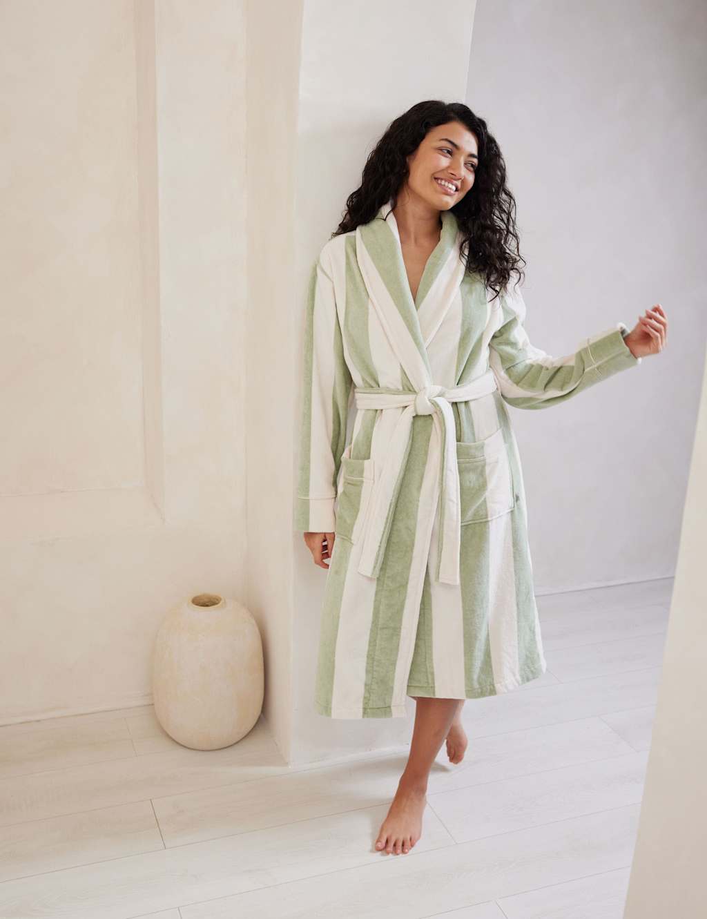 Chelsea Peers Women's Pure Cotton Striped Towelling Dressing Gowns - 14-16 - Green Mix, Green Mix