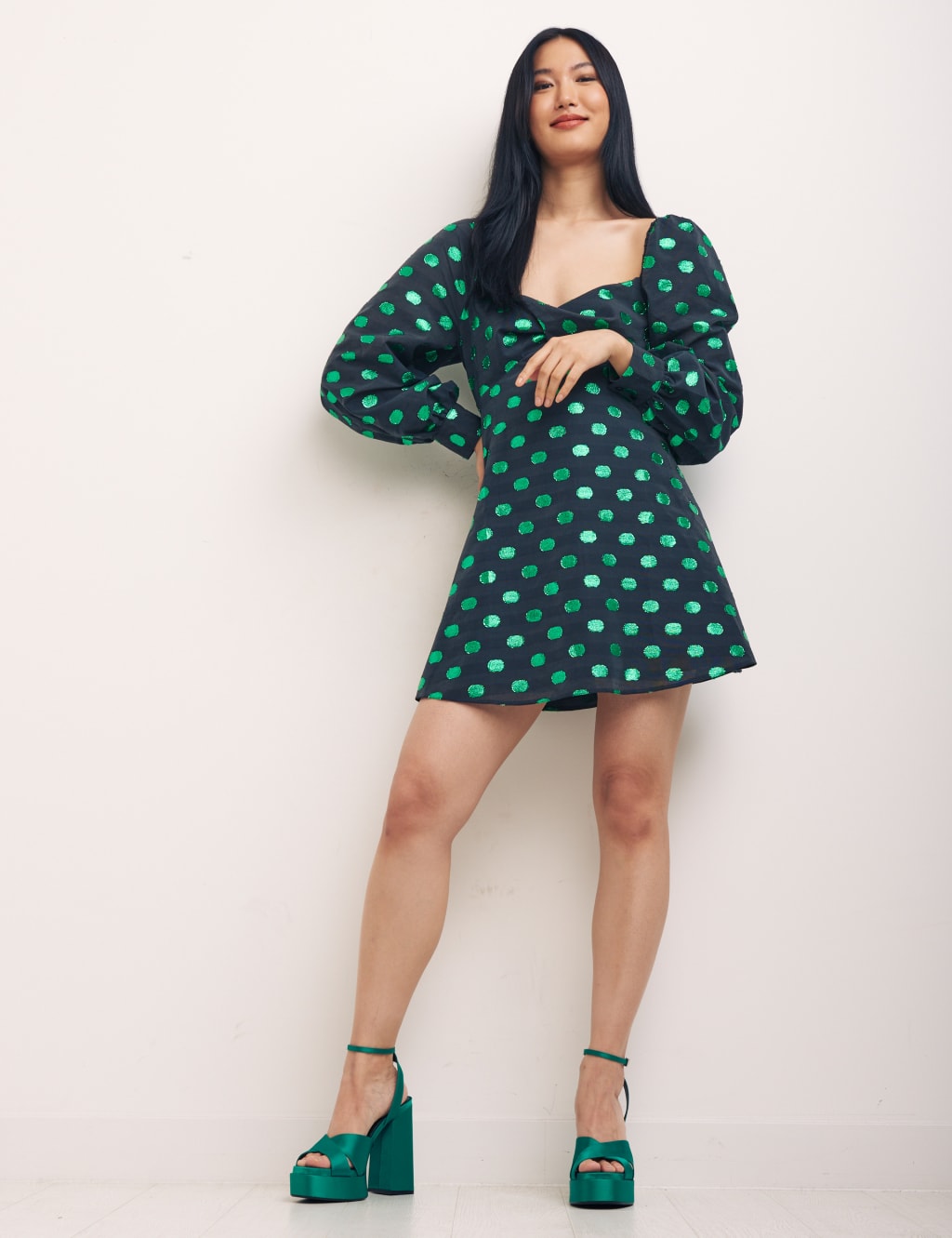 Nobody's Child Women's Cotton Blend Polka Dot Mini Smock Dress - 12 - Green Mix, Green Mix