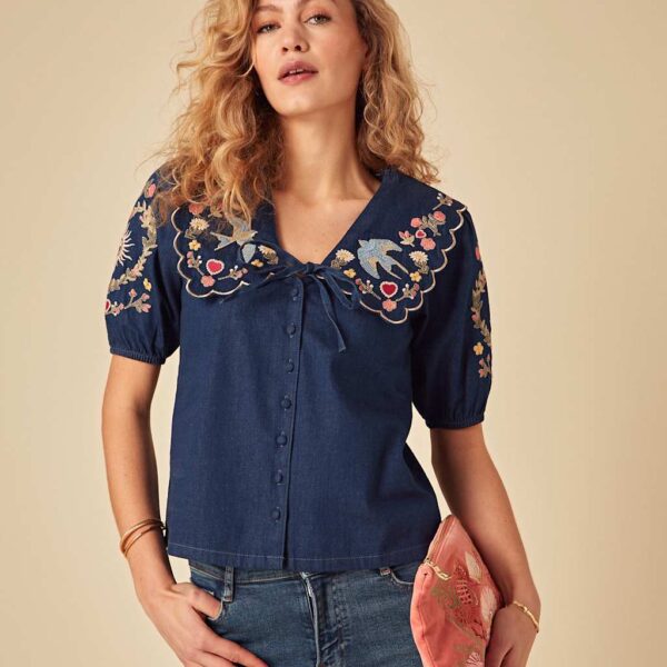 Nobody's Child X Elizabeth Scarlett Women's Pure Cotton Collared Relaxed Puff Sleeve Blouse - 8 - Blue Mix, Blue Mix