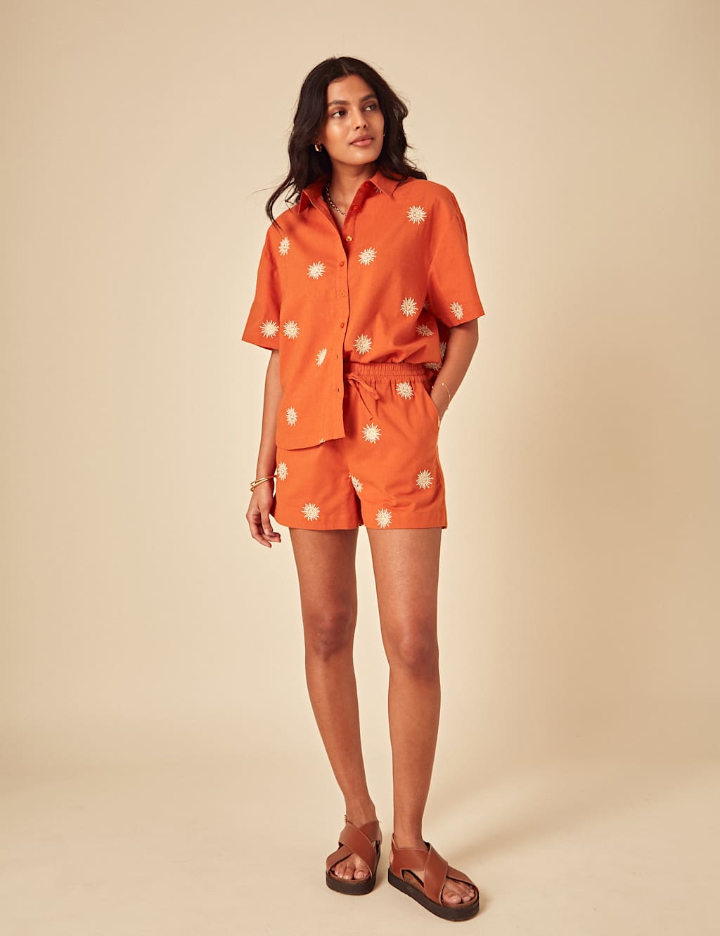 Nobody's Child X Elizabeth Scarlett Women's Pure Cotton Embroidered High Waisted Shorts - 12 - Orange, Orange