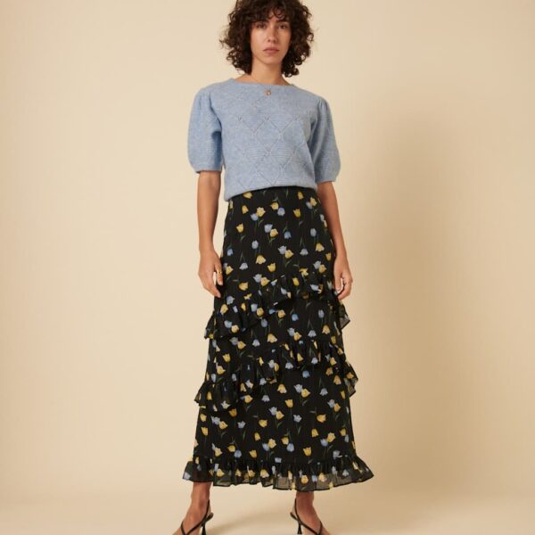 Nobody's Child Women's Floral Ruffle Maxi Tiered Skirt - 14 - Black Mix, Black Mix