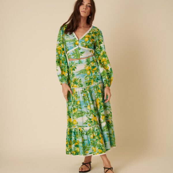 Nobody's Child Women's Lemon Print Tiered Maxi Skirt with Linen - 10 - Multi, Multi